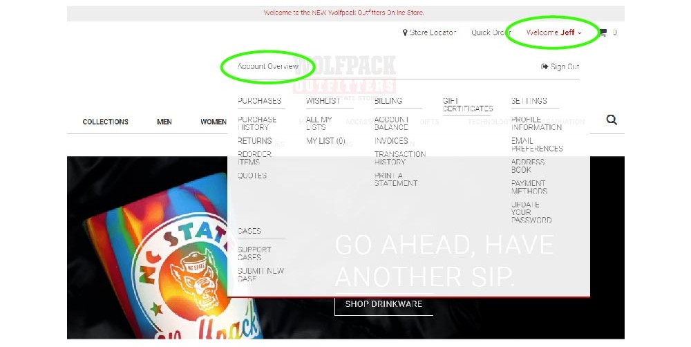 First, use the Login link in the upper right corner of the screen on your laptop or via the pancake menu on your device, and select the Login link. Use the SIGN IN WITH YOUR NC STATE UNITY ID link for easy sign-in via Shibboleth. When you are logged in, select Account Overview from the main menu: